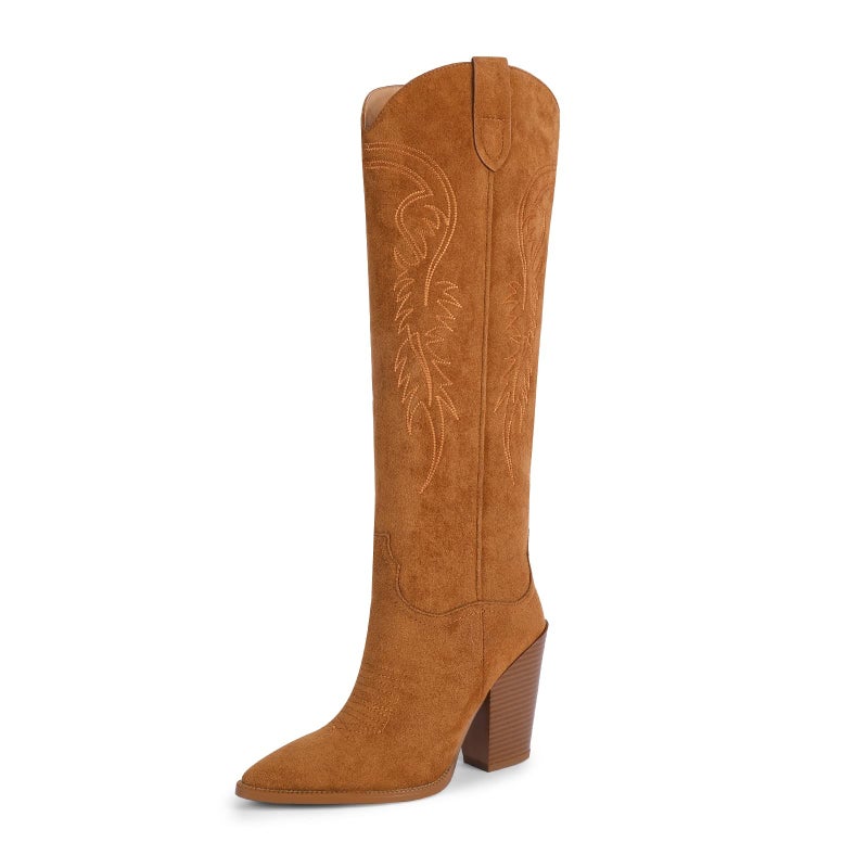 ISNOM Cowgirl Boots for Women Brown Cowboy Boots for Womens Western Boots for Women Tall Cowgirl Boots Women Wide Calf Knee High Cowboy Boots Tall Brown Cowboy Boots Women High Heel Cowboy Boots - Image 1